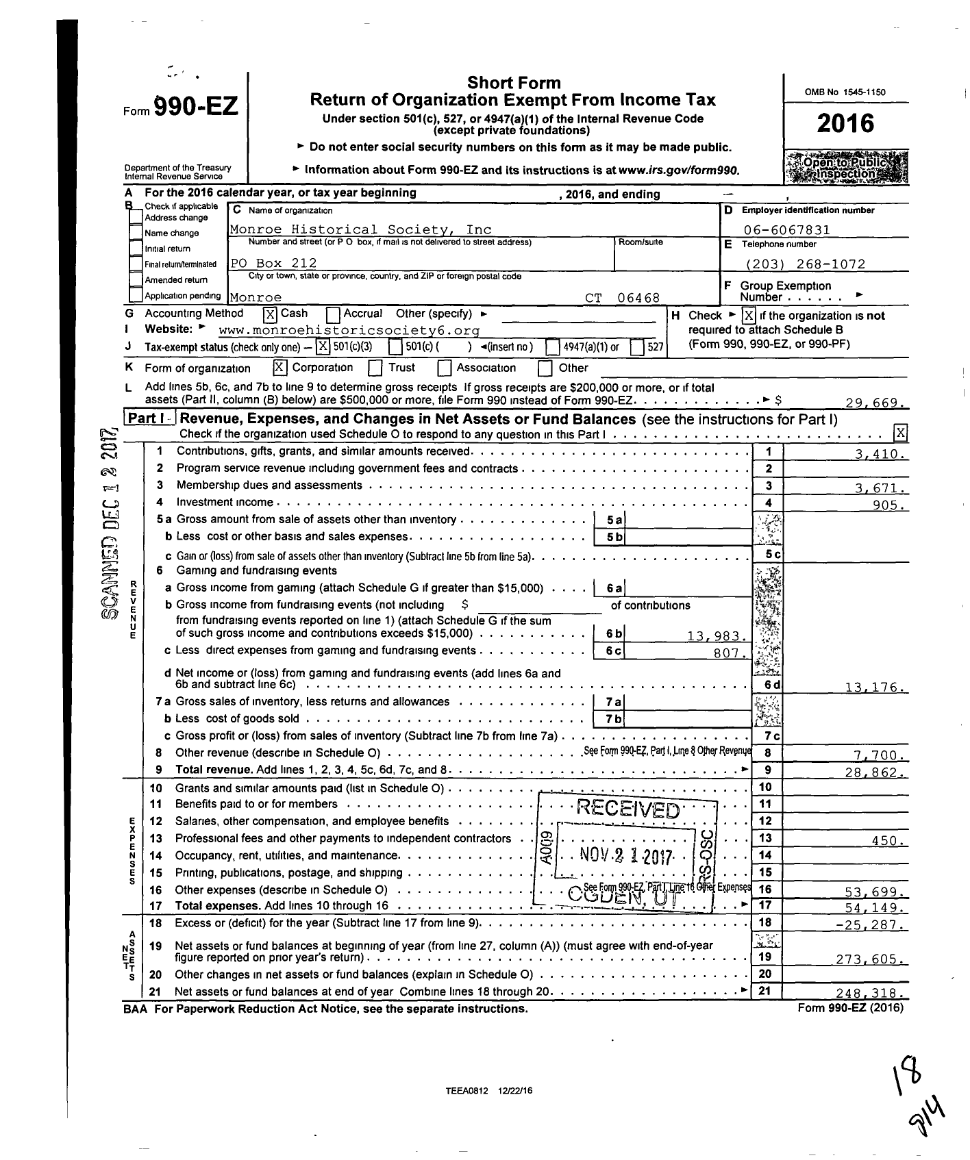 Image of first page of 2016 Form 990EZ for Monroe Historical Society Incorporated