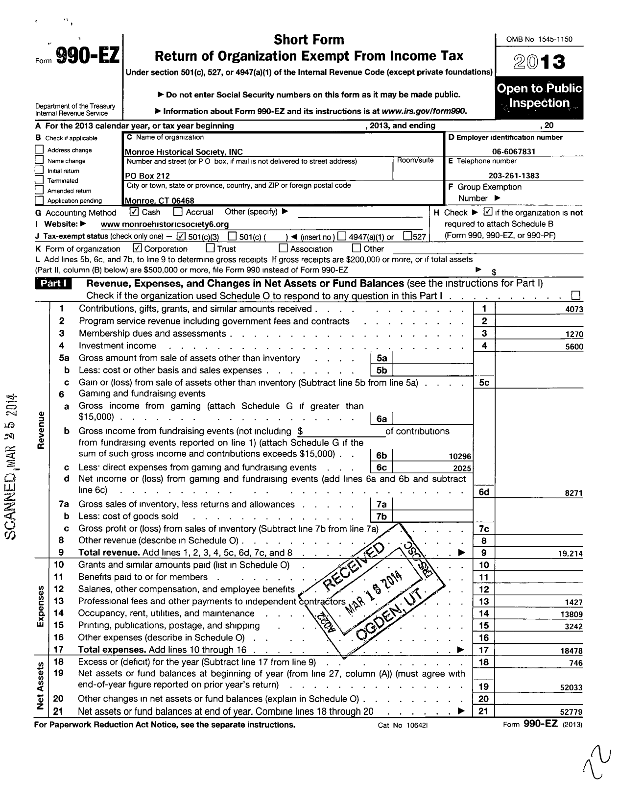 Image of first page of 2013 Form 990EZ for Monroe Historical Society Incorporated