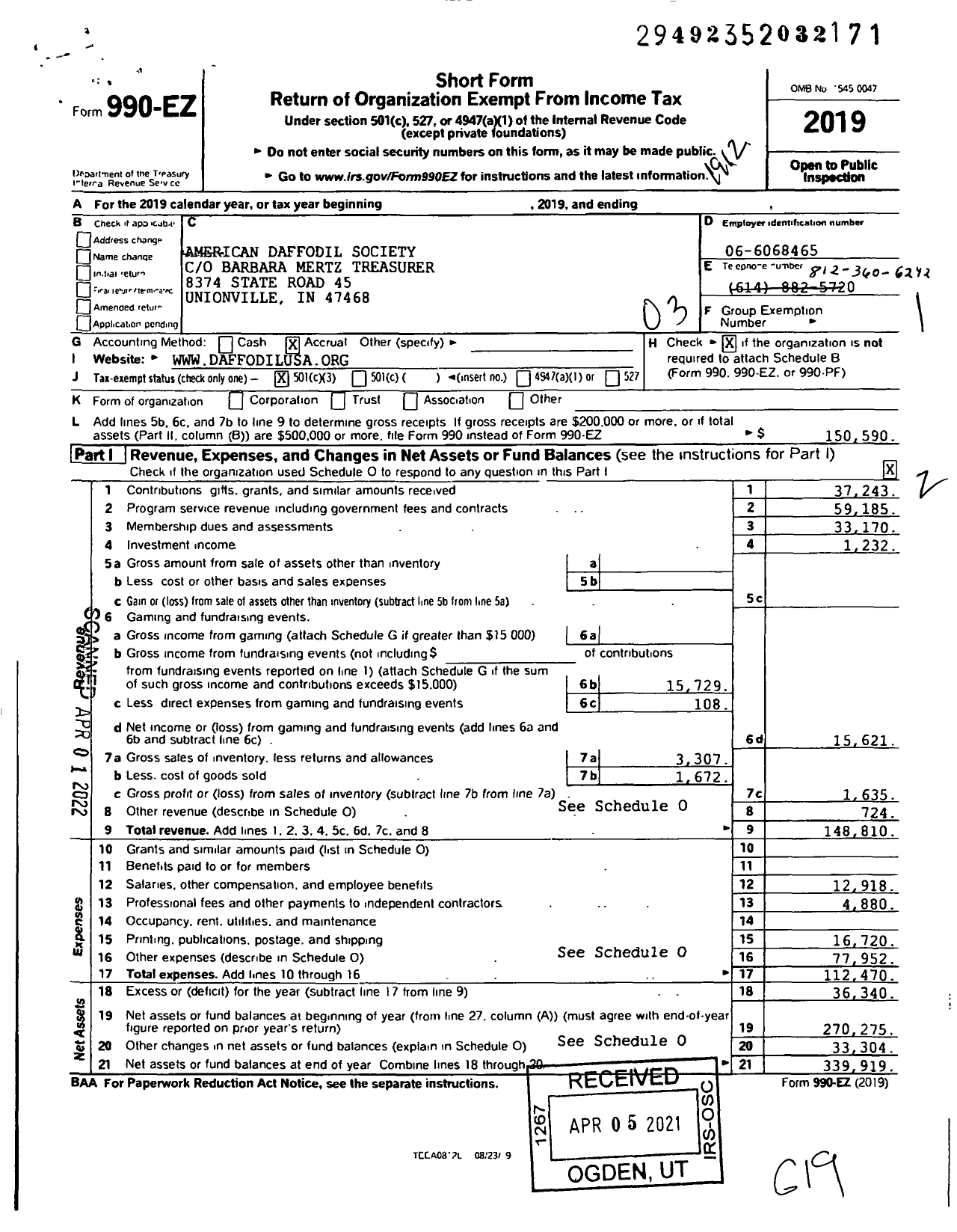 Image of first page of 2019 Form 990EZ for American Daffodil Society