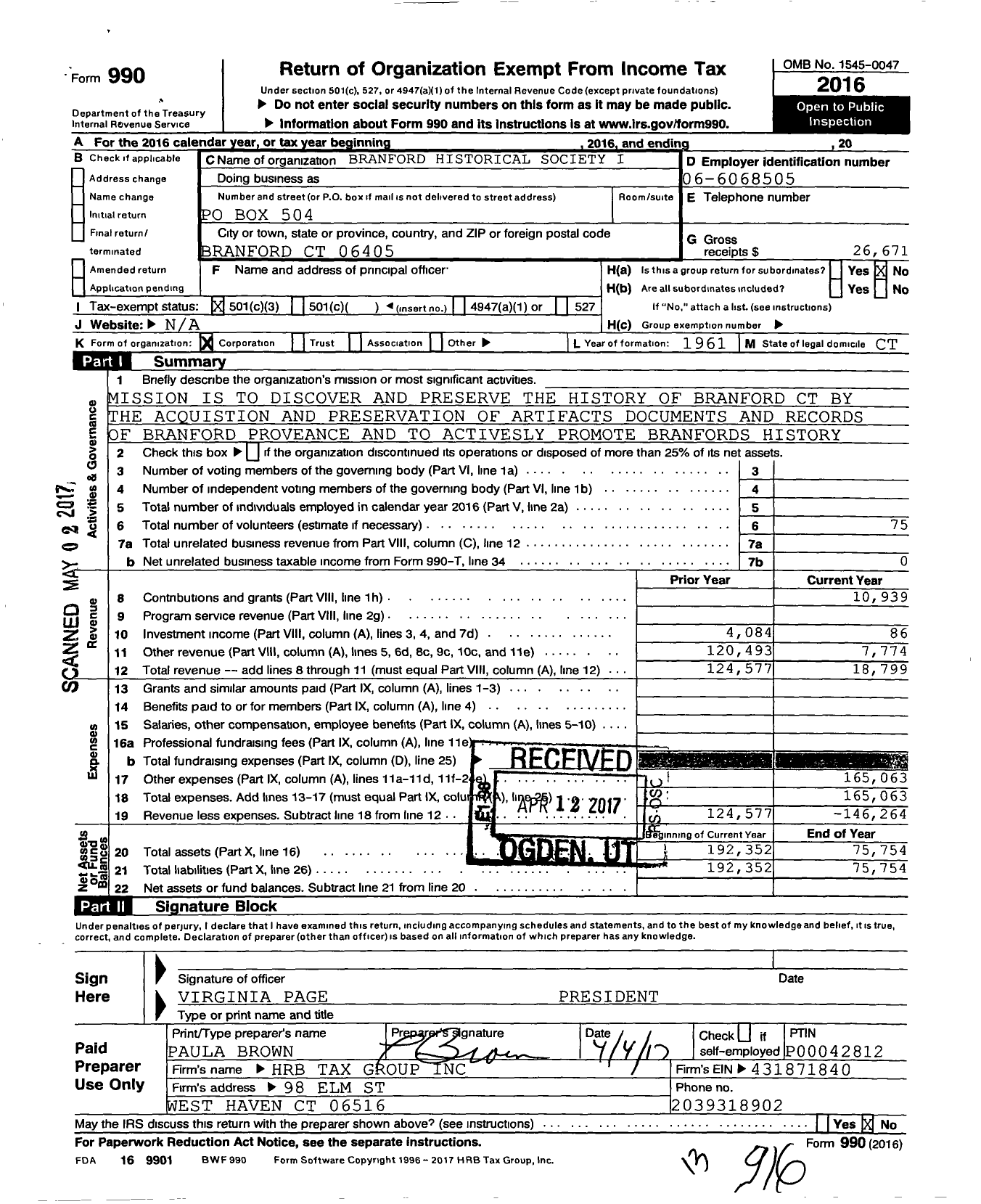 Image of first page of 2016 Form 990 for Branford Historical Society