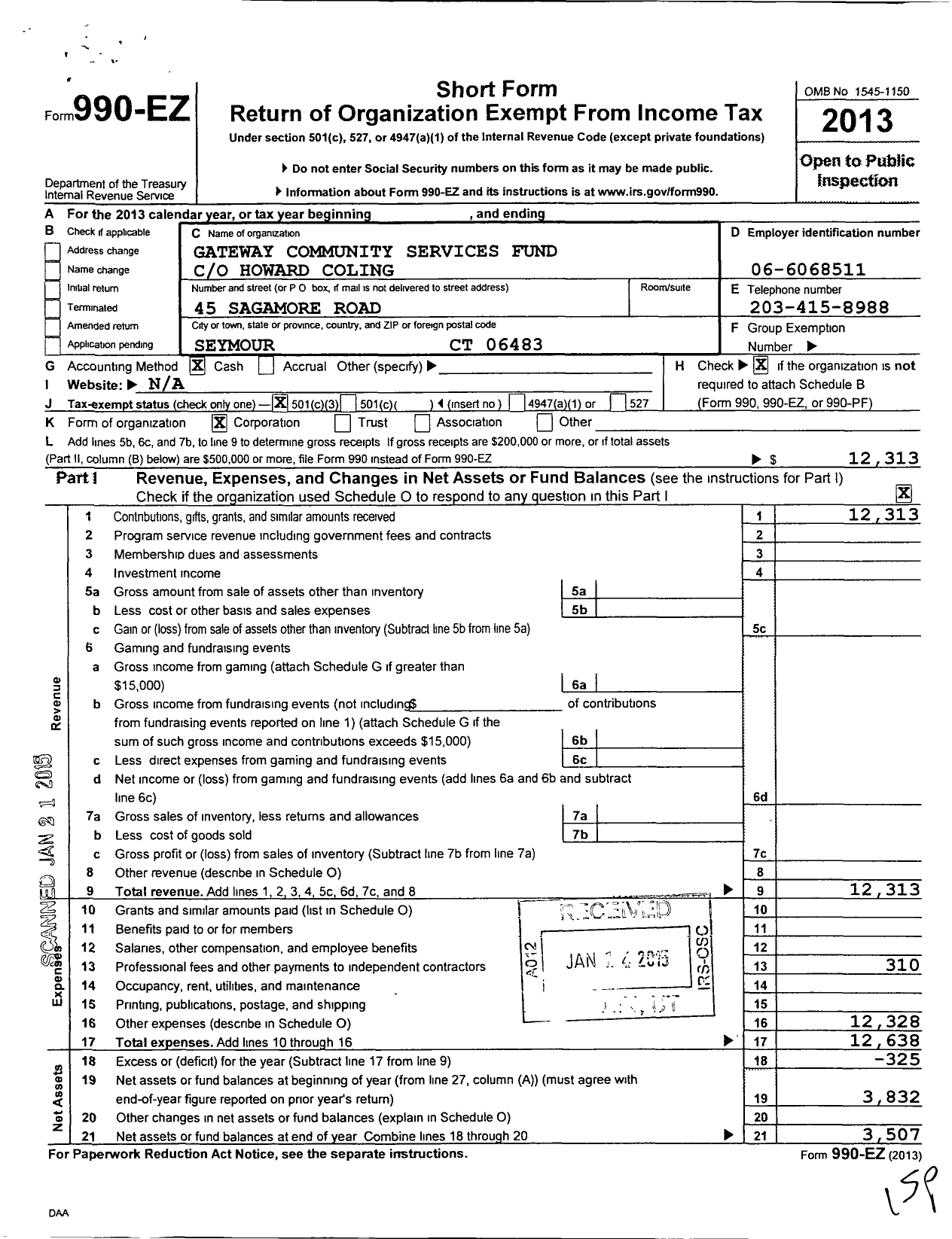 Image of first page of 2013 Form 990EZ for Gateway Community Services Fund