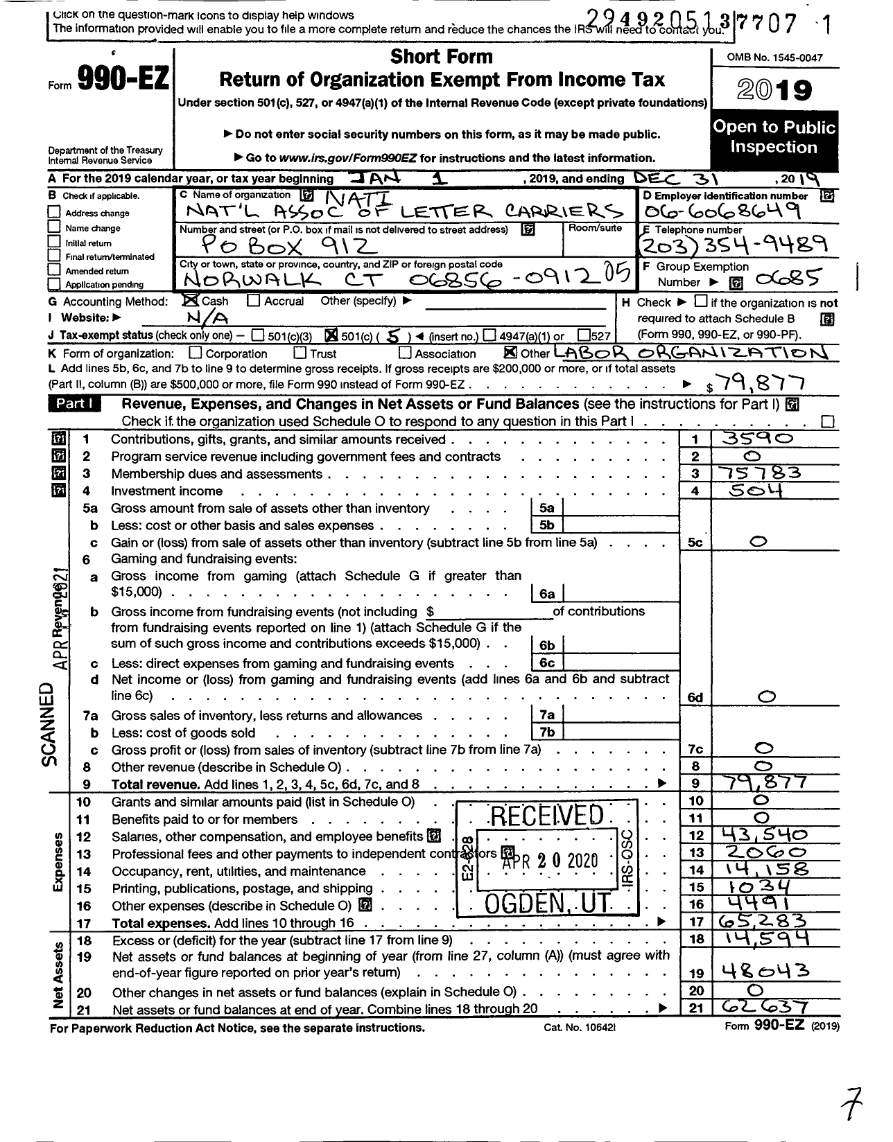 Image of first page of 2019 Form 990EO for National Association of Letter Carriers - BR 147 Vincent J Santagate Branch