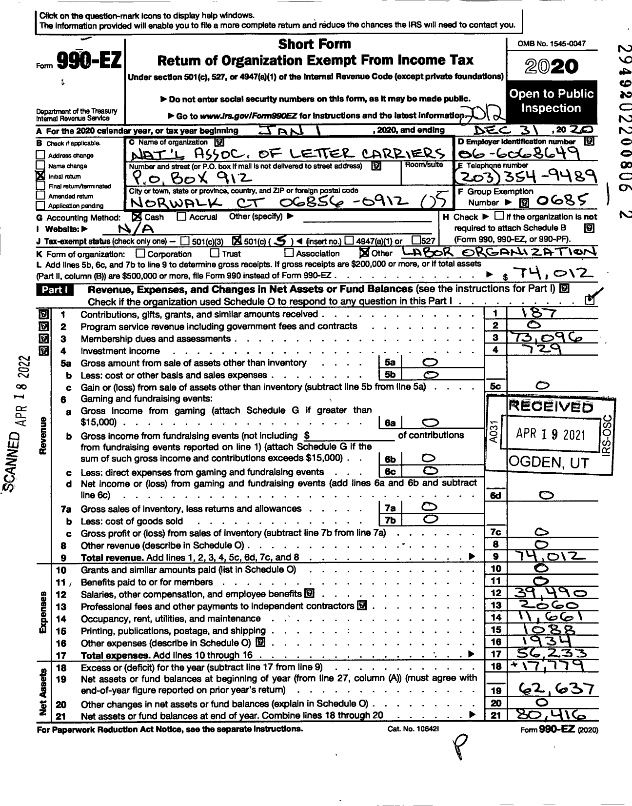 Image of first page of 2020 Form 990EO for National Association of Letter Carriers - BR 147 Vincent J Santagate Branch