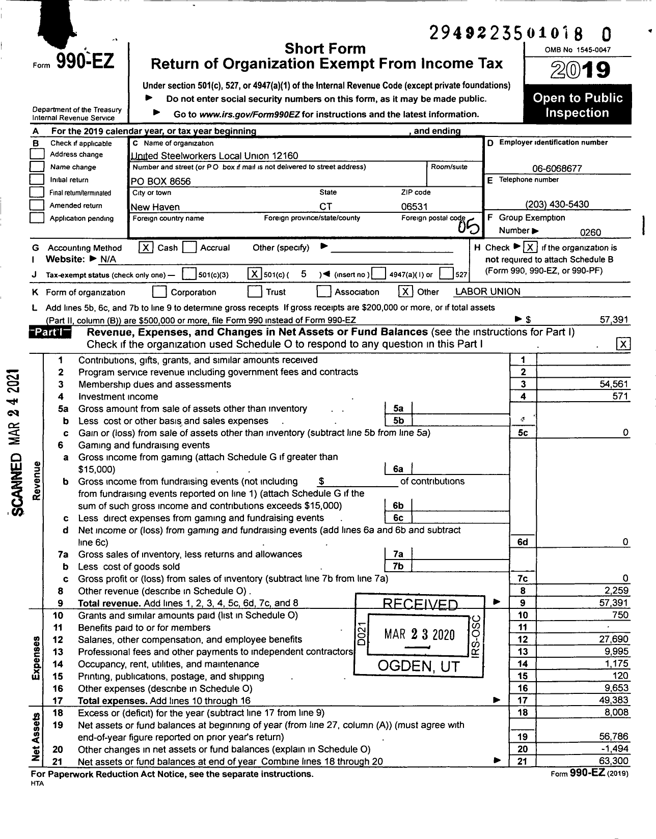 Image of first page of 2019 Form 990EO for United Steelworkers - 12160 Local District 4