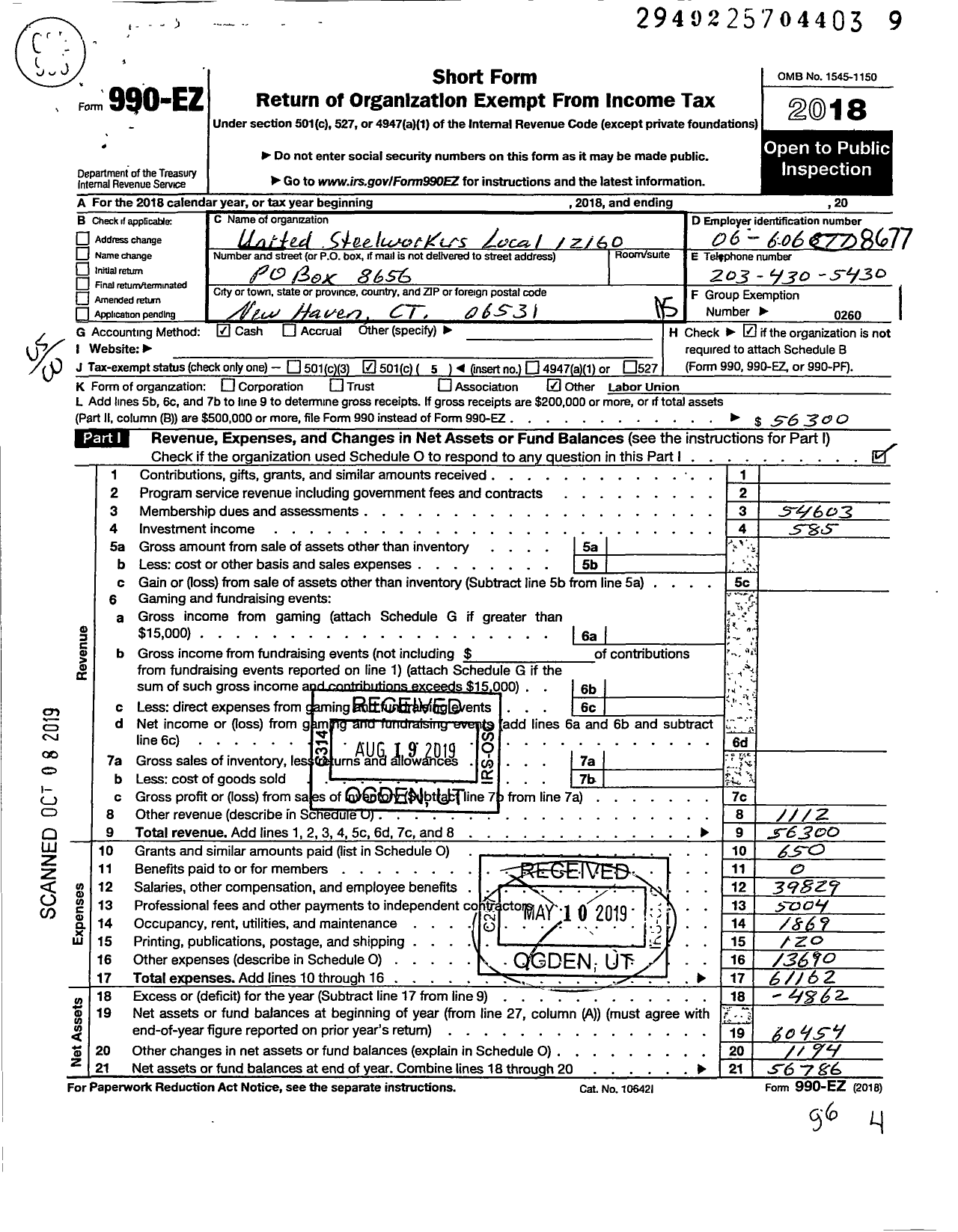 Image of first page of 2018 Form 990EO for United Steelworkers - 12160 Local District 4