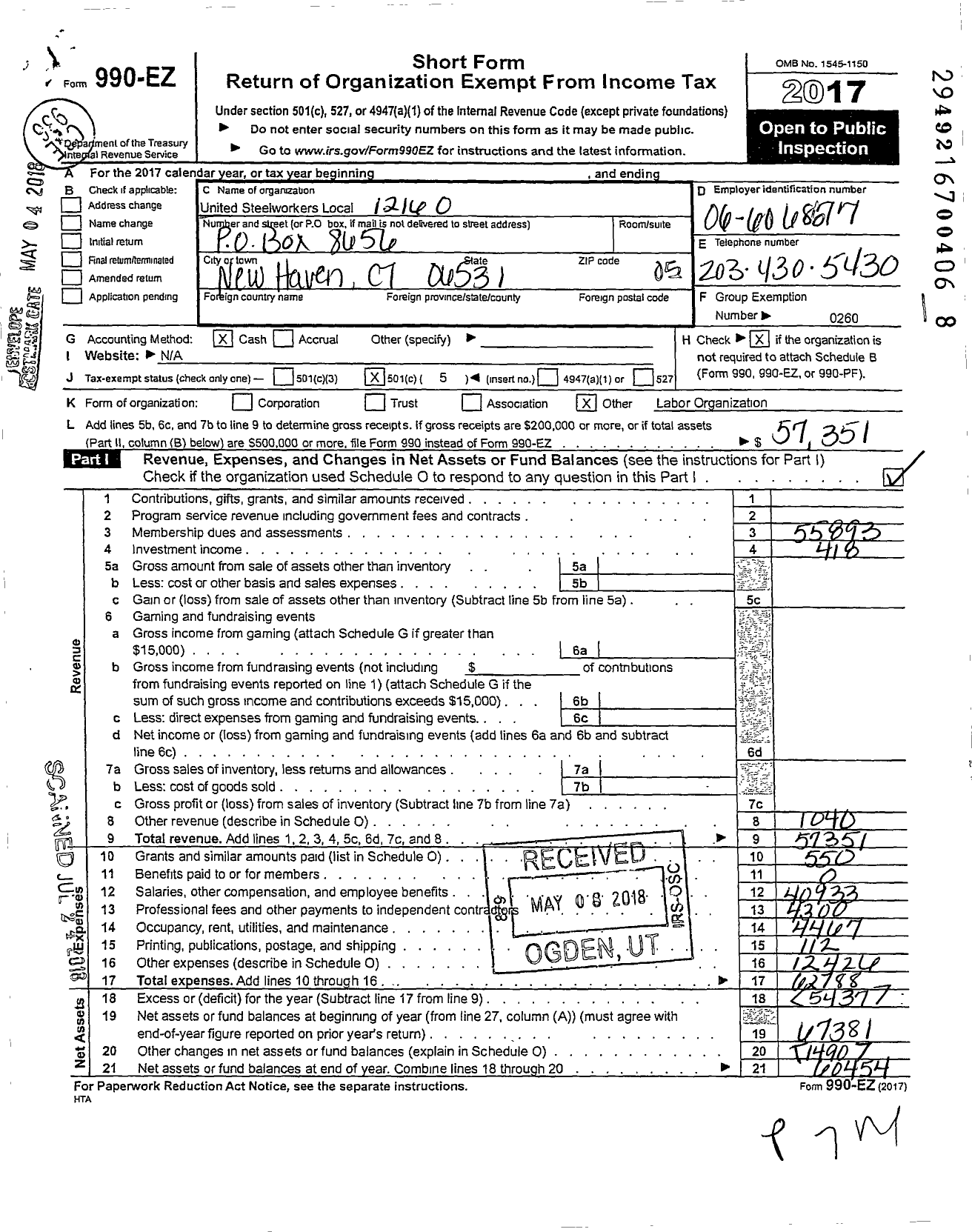 Image of first page of 2017 Form 990EO for United Steelworkers - 12160 Local District 4