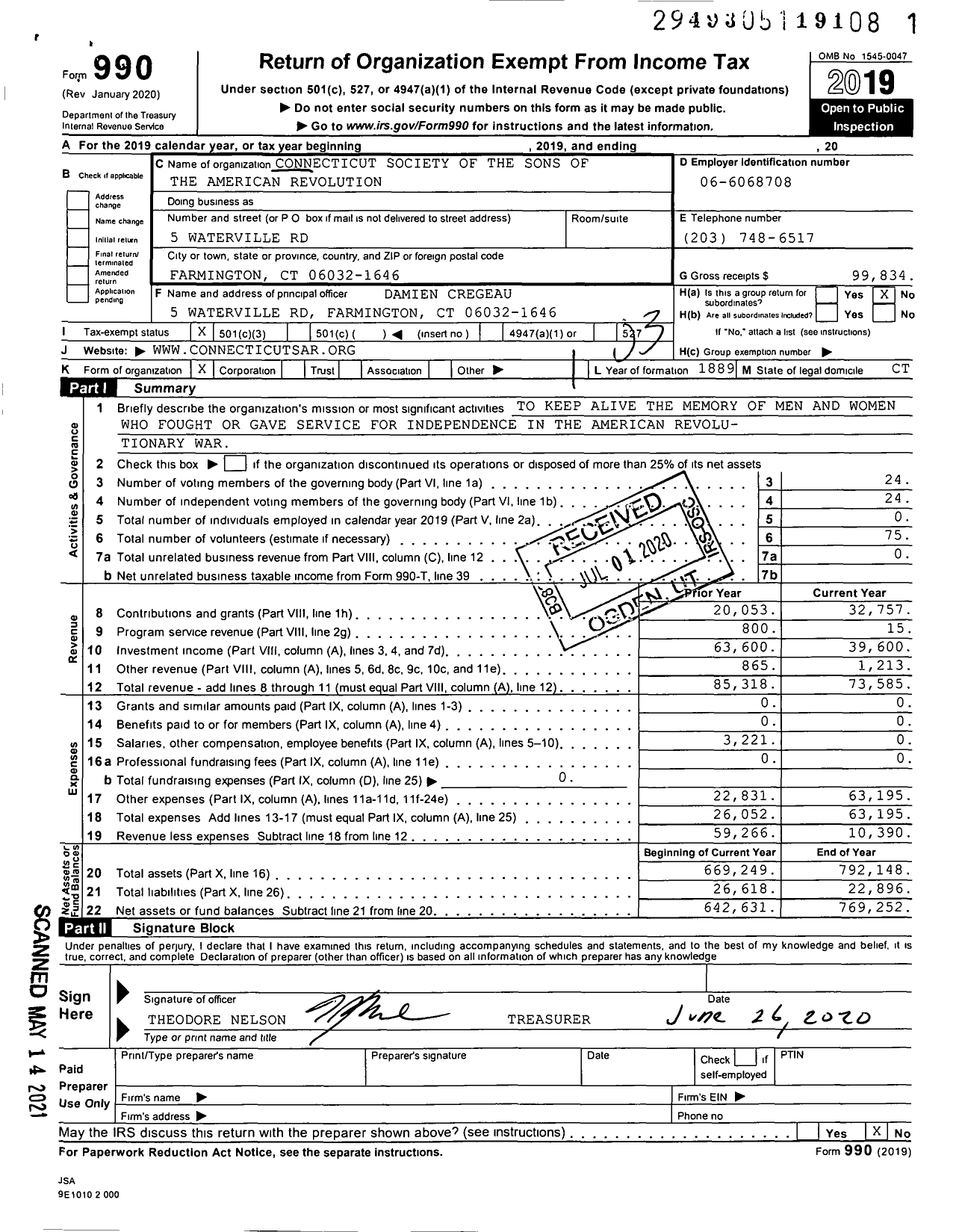 Image of first page of 2019 Form 990 for Connecticut Society of the Sons of the American Revolution