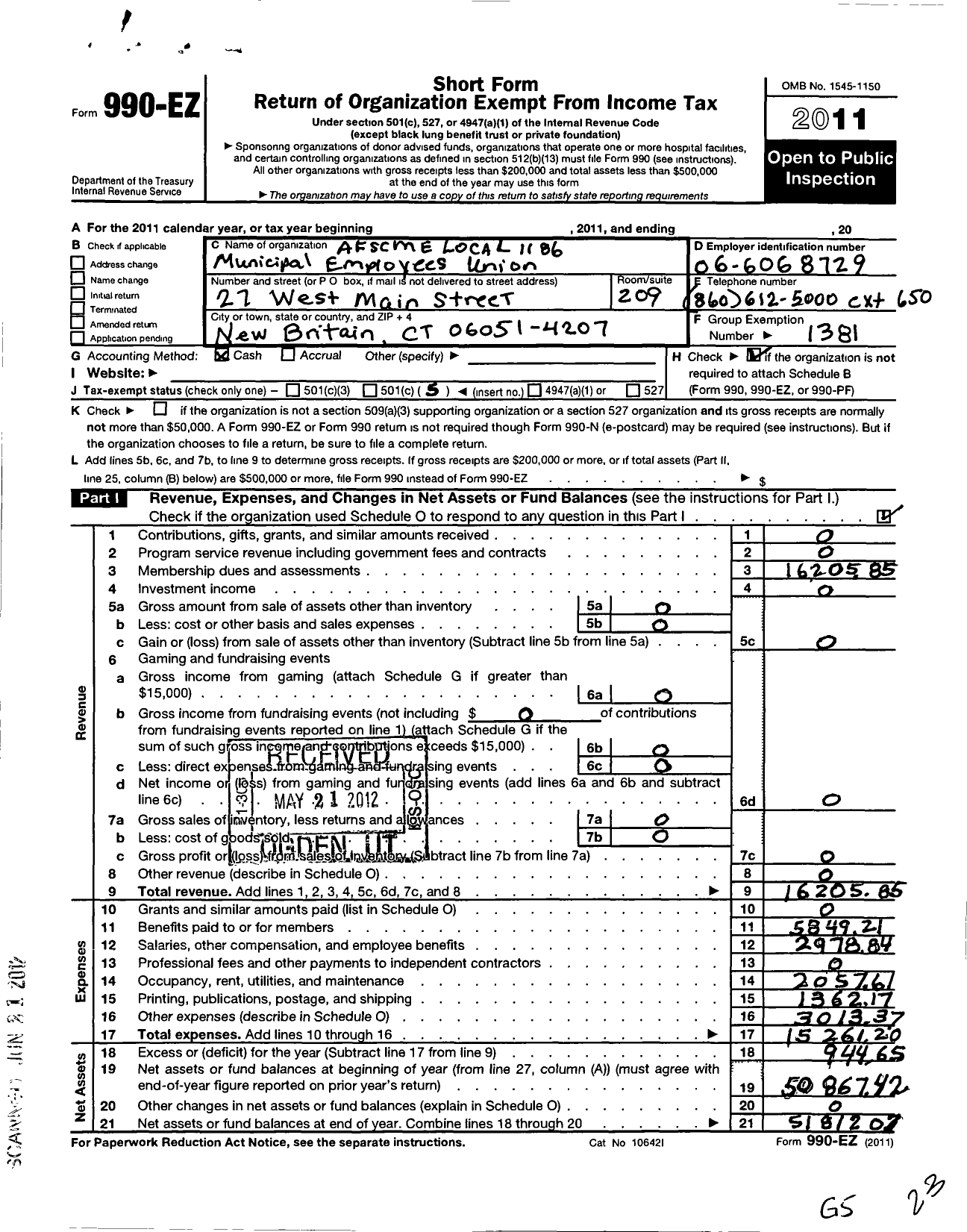 Image of first page of 2011 Form 990EO for American Federation of State County & Municipal Employees - L1186CT New Britain City Emp