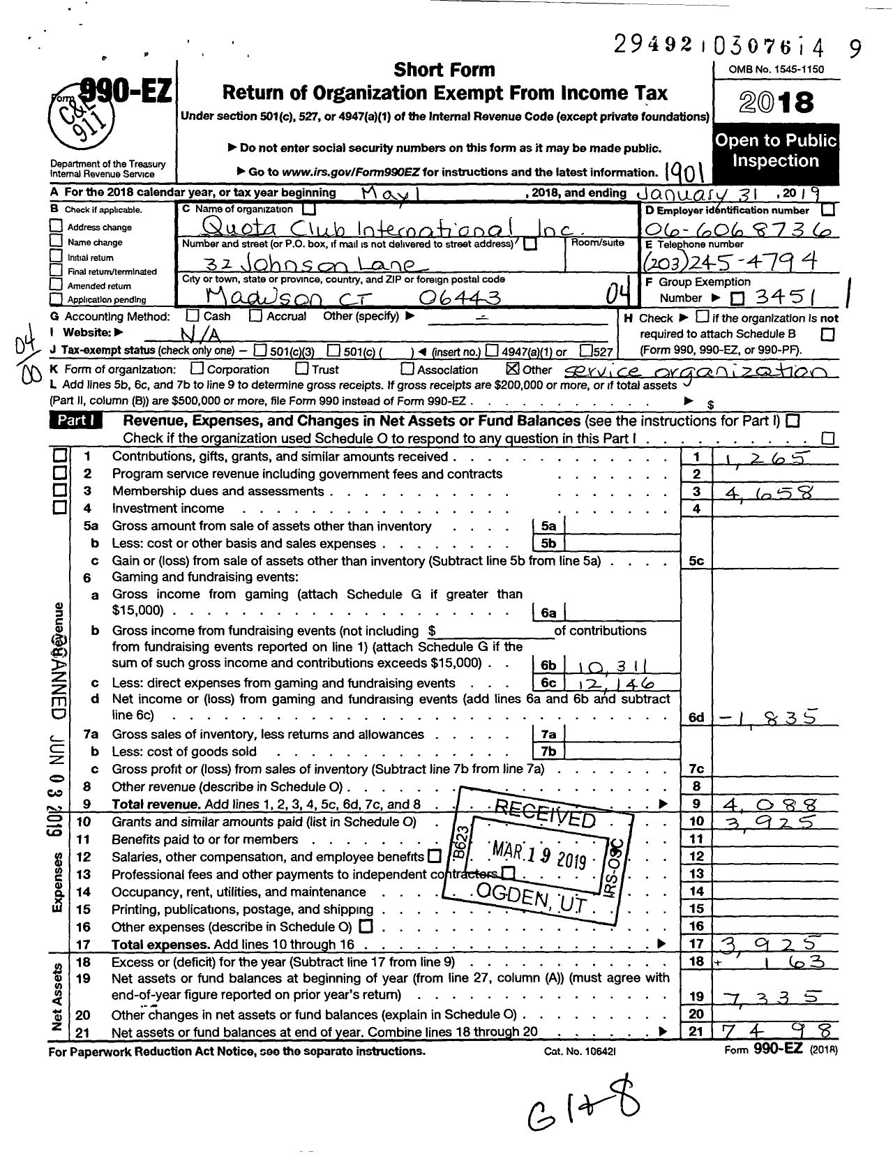 Image of first page of 2018 Form 990EO for Quota Club International / New Haven