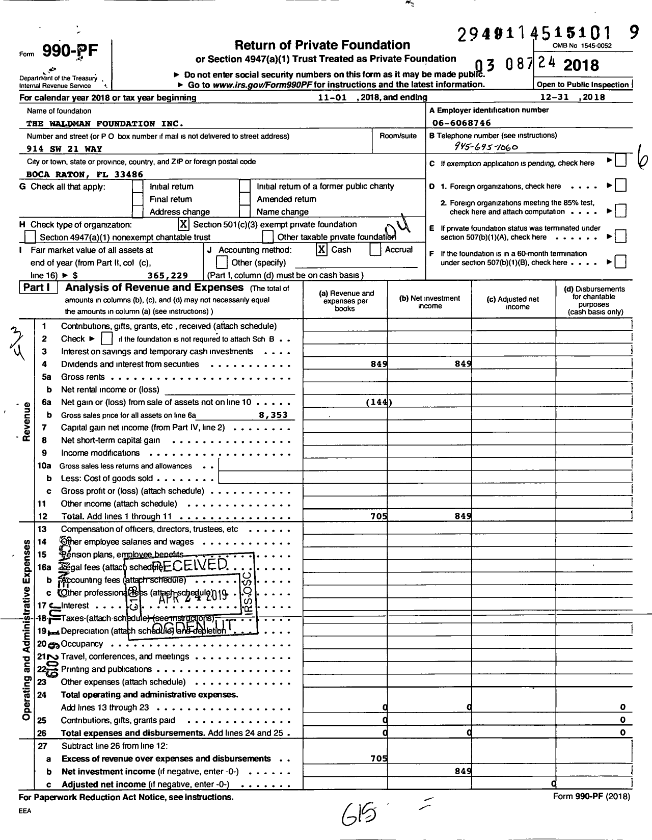 Image of first page of 2018 Form 990PF for The Waldman Foundation