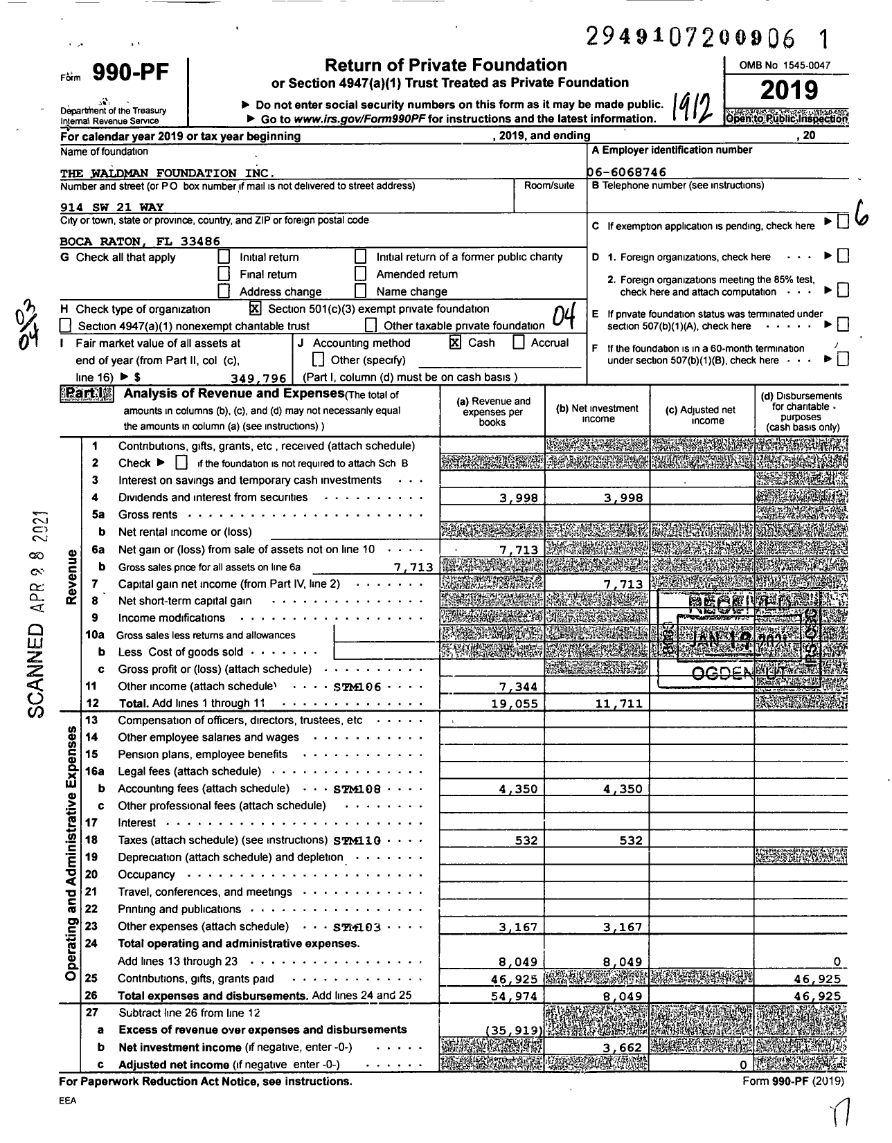 Image of first page of 2019 Form 990PF for The Waldman Foundation