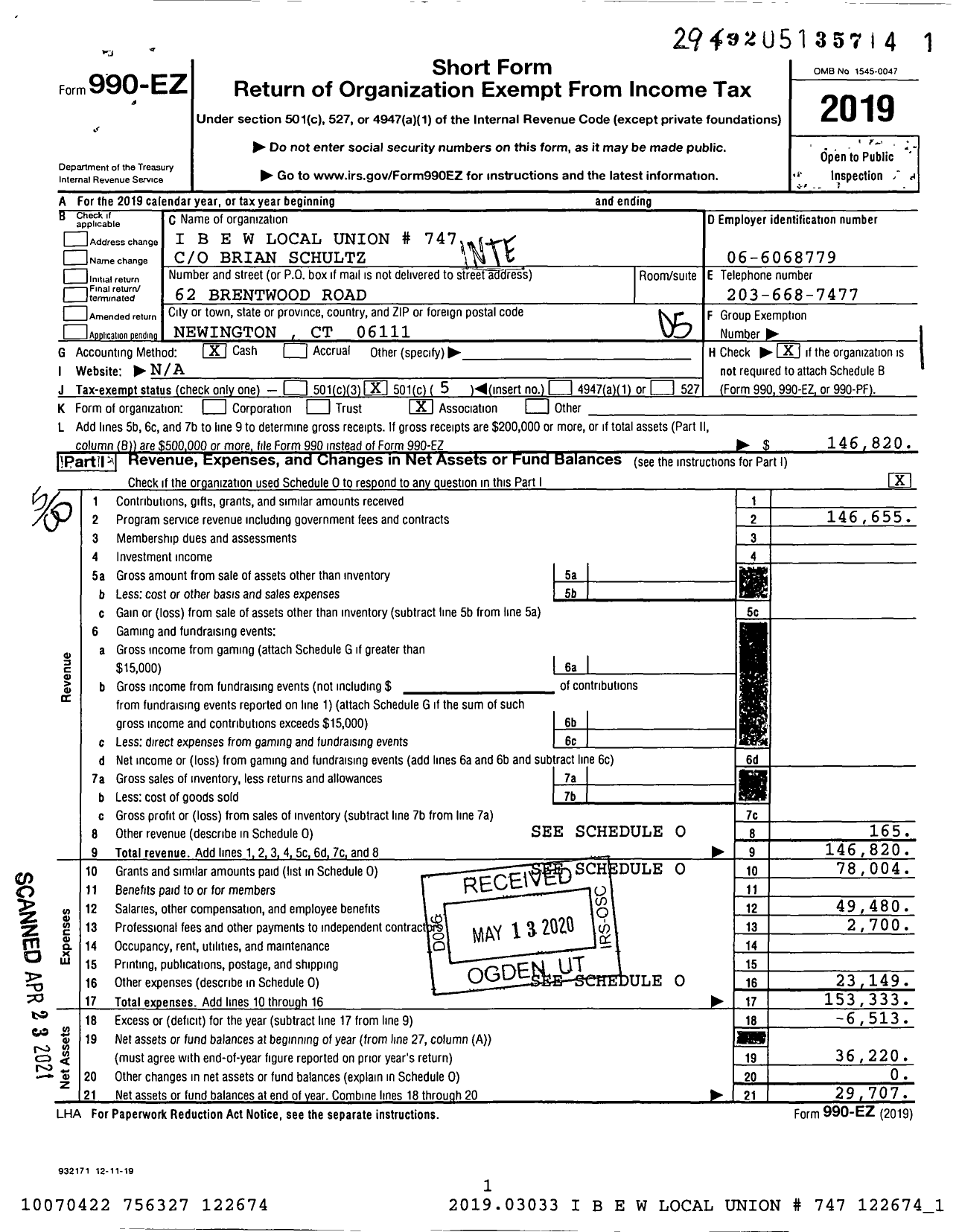 Image of first page of 2019 Form 990EO for International Brotherhood of Electrical Workers - 0747 Local Union
