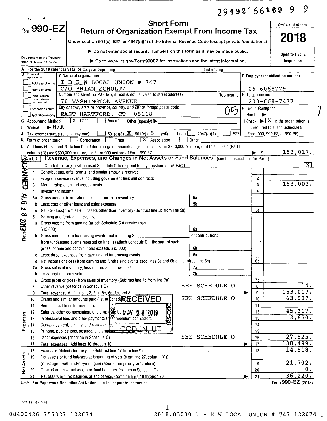 Image of first page of 2018 Form 990EO for International Brotherhood of Electrical Workers - 0747 Local Union