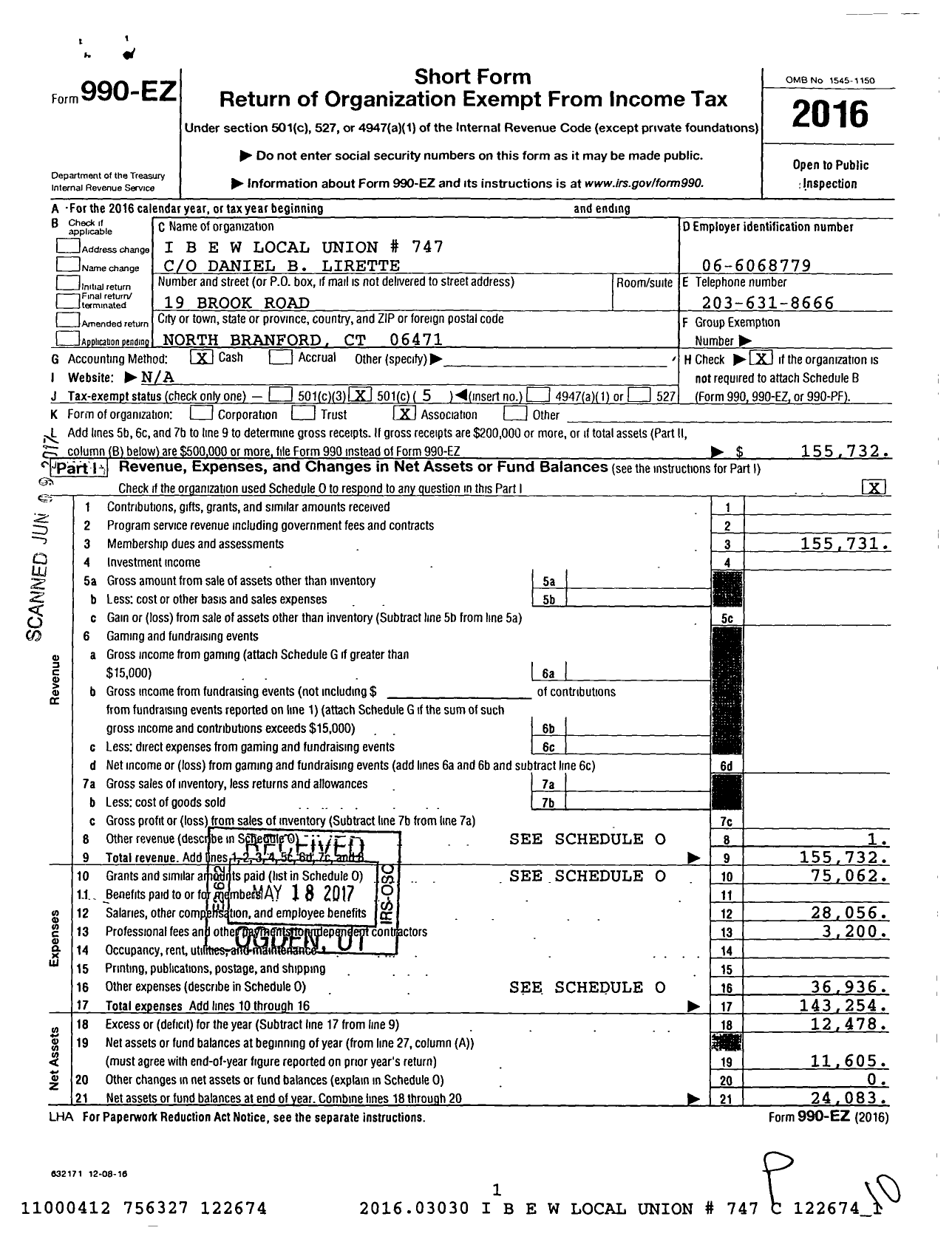 Image of first page of 2016 Form 990EO for International Brotherhood of Electrical Workers - 0747 Local Union