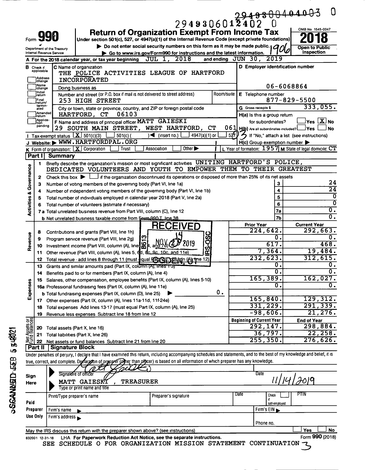 Image of first page of 2018 Form 990 for The Police Activities League of Hartford Incorporated