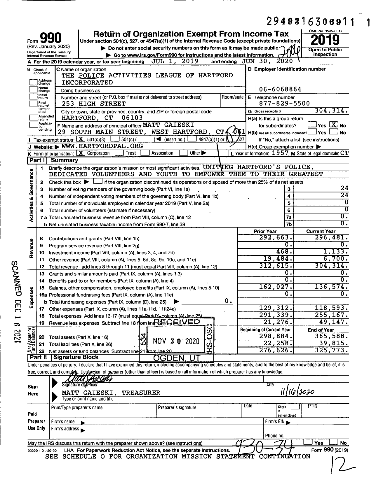 Image of first page of 2019 Form 990 for The Police Activities League of Hartford Incorporated