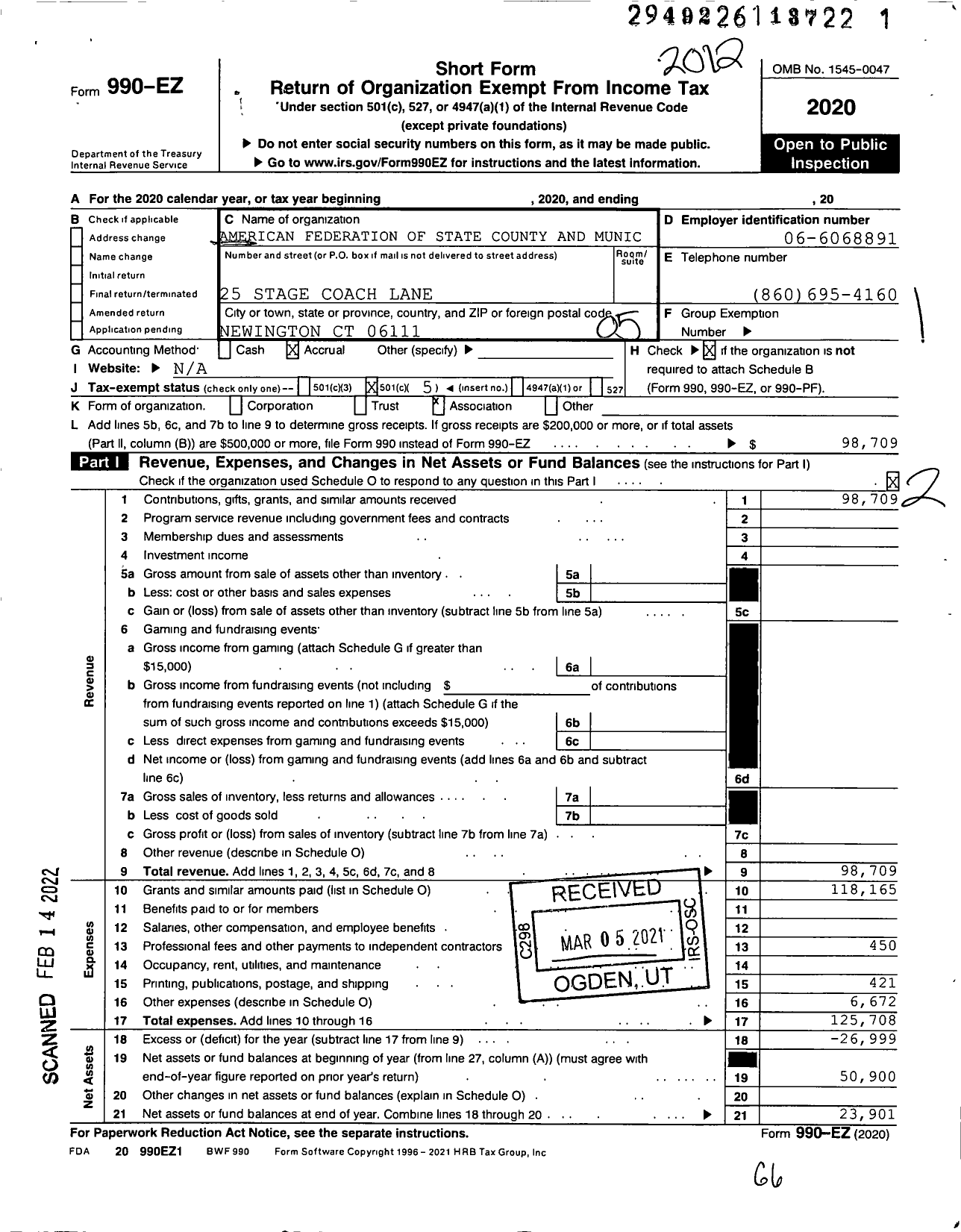 Image of first page of 2020 Form 990EO for American Federation of State County & Municipal Employees - L0566CT Hartford Board of Education