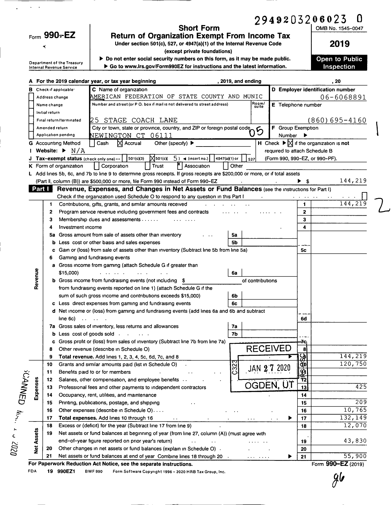 Image of first page of 2019 Form 990EO for American Federation of State County & Municipal Employees - L0566CT Hartford Board of Education