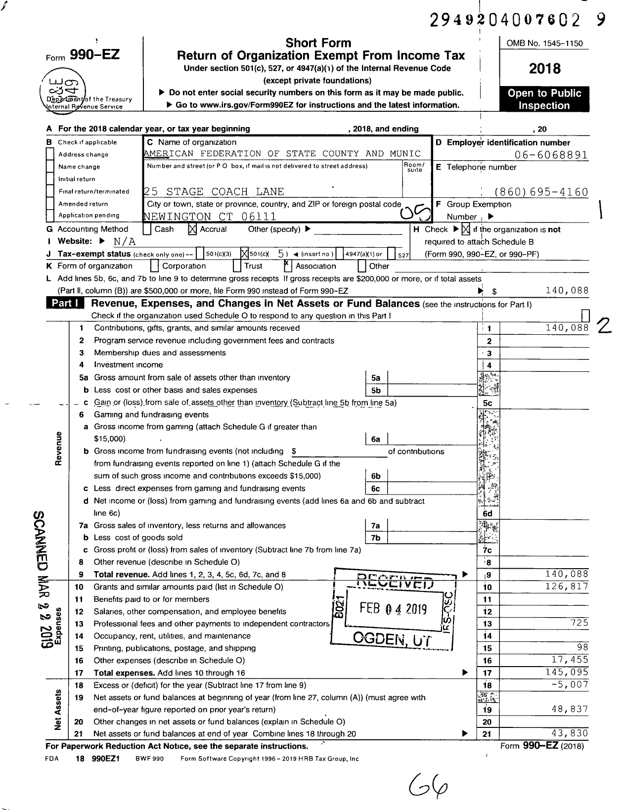 Image of first page of 2018 Form 990EO for American Federation of State County & Municipal Employees - L0566CT Hartford Board of Education