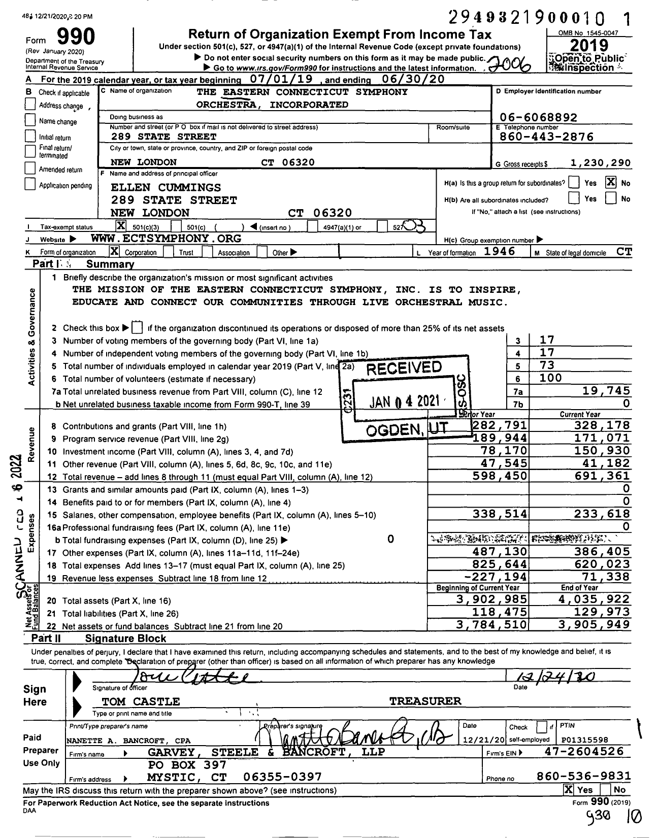 Image of first page of 2019 Form 990 for The Eastern Connecticut Symphony Orchestra Incorporated