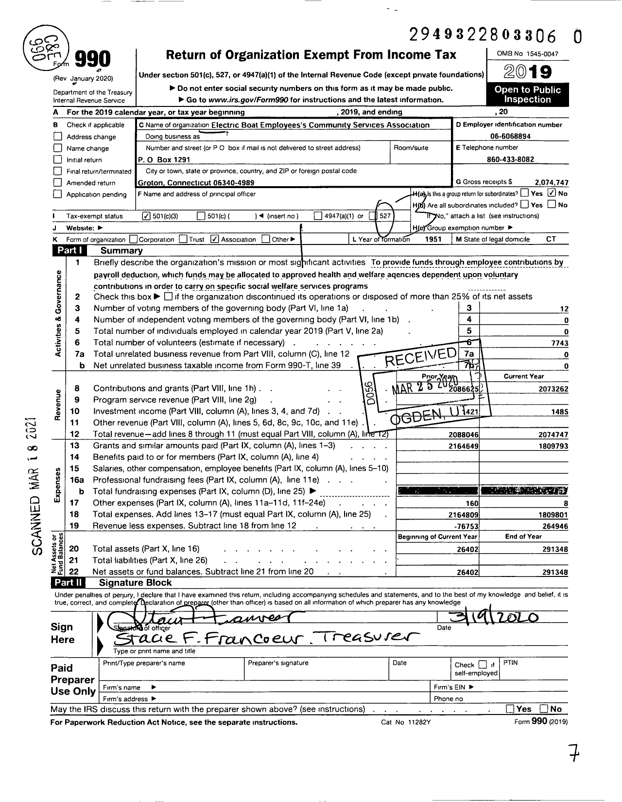 Image of first page of 2019 Form 990 for ELECTRIC BOAT EMPLOYEEs Community