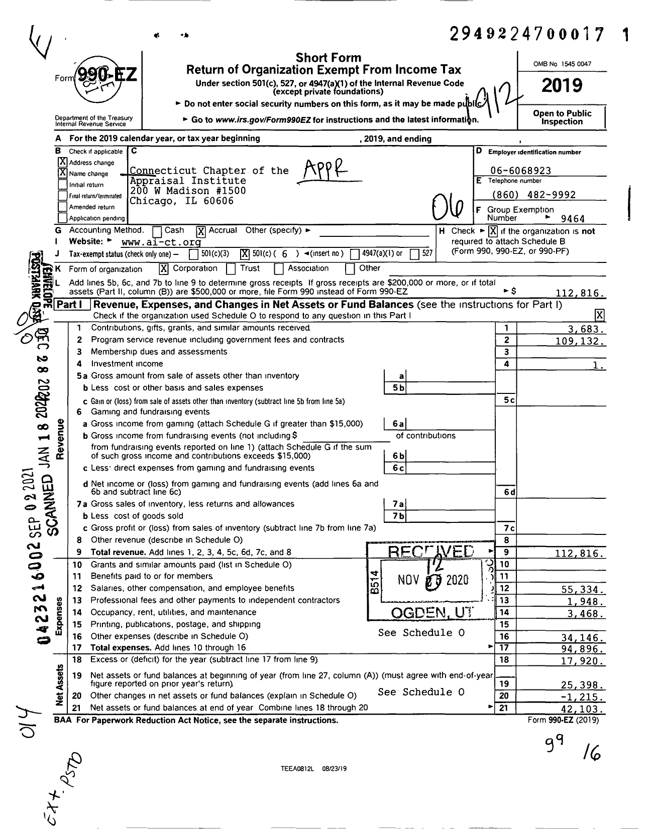 Image of first page of 2019 Form 990EO for Connecticut Chapter of the Appraisal Institute