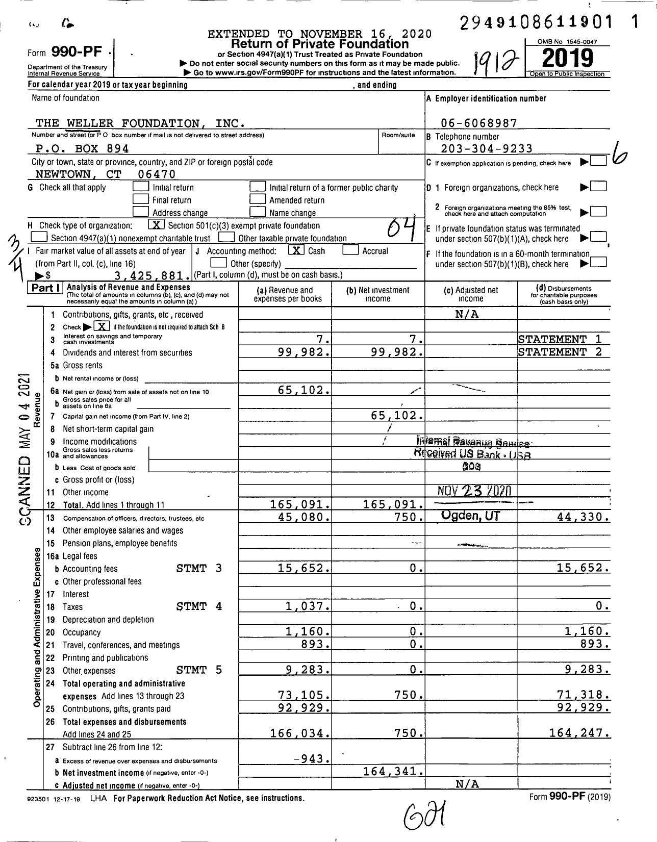 Image of first page of 2019 Form 990PF for The Weller Foundation