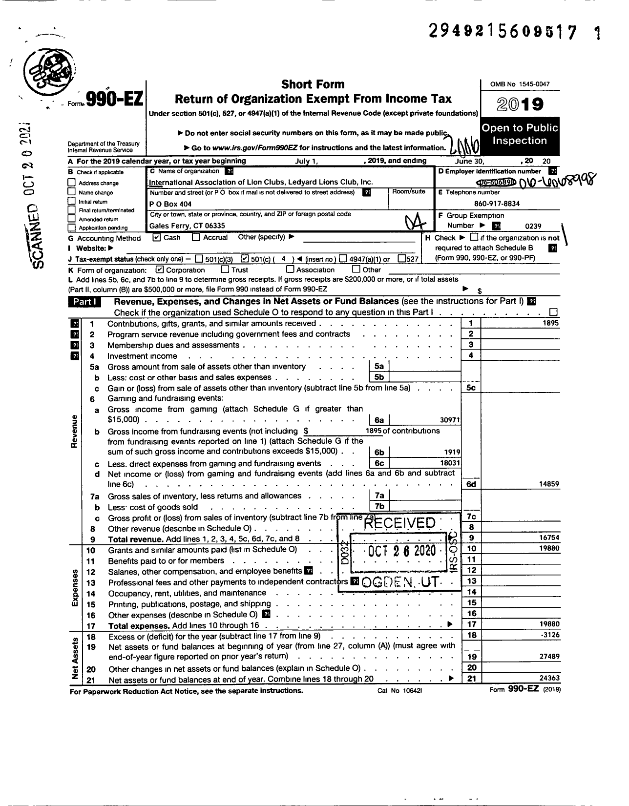 Image of first page of 2019 Form 990EO for LIONS CLUBS - Ledyard LIONS Club