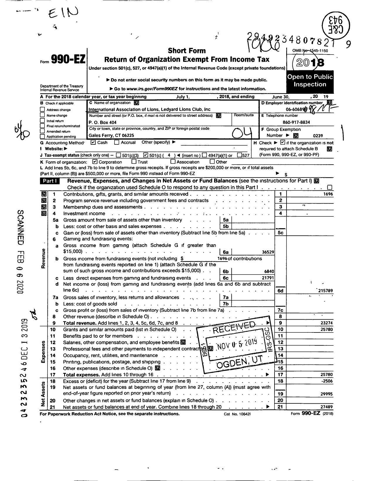 Image of first page of 2018 Form 990EO for Lions CLUBS - Ledyard Lions Club