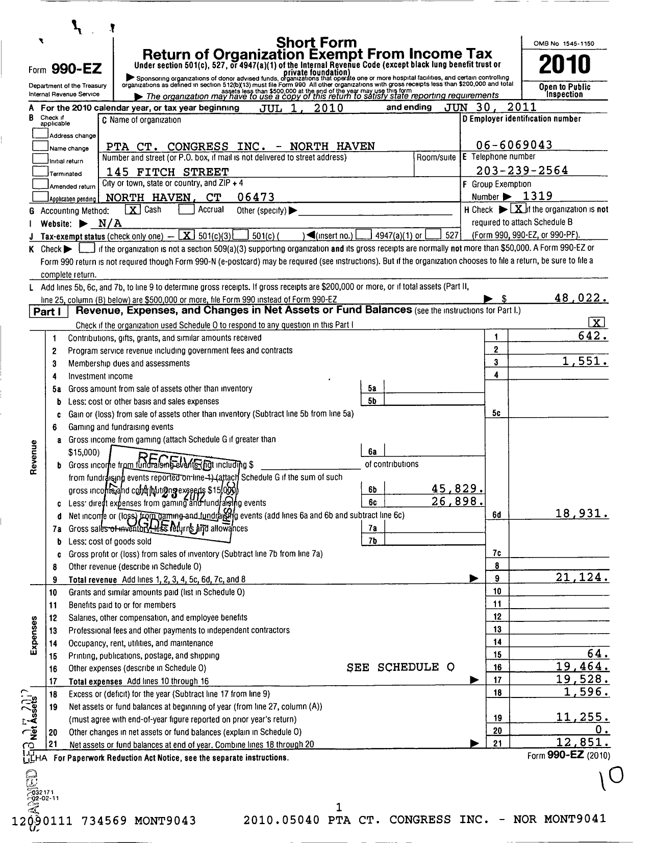 Image of first page of 2010 Form 990EZ for CT PTA - Montowese School PTA