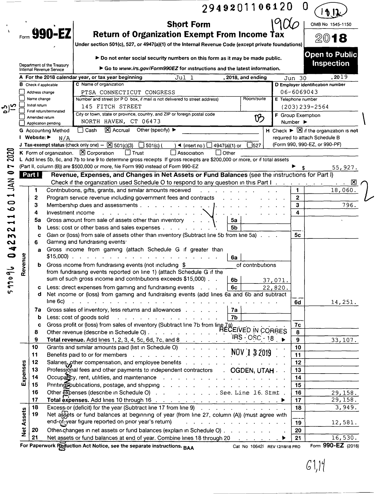 Image of first page of 2018 Form 990EZ for CT PTA - Montowese School PTA