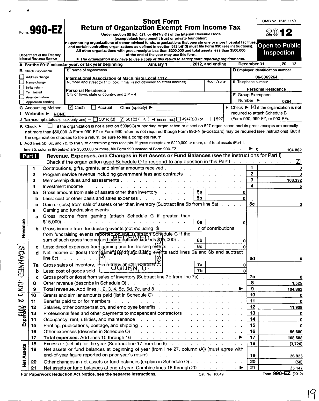 Image of first page of 2012 Form 990EO for International Association of Machinists and Aerospace Workers - 1112