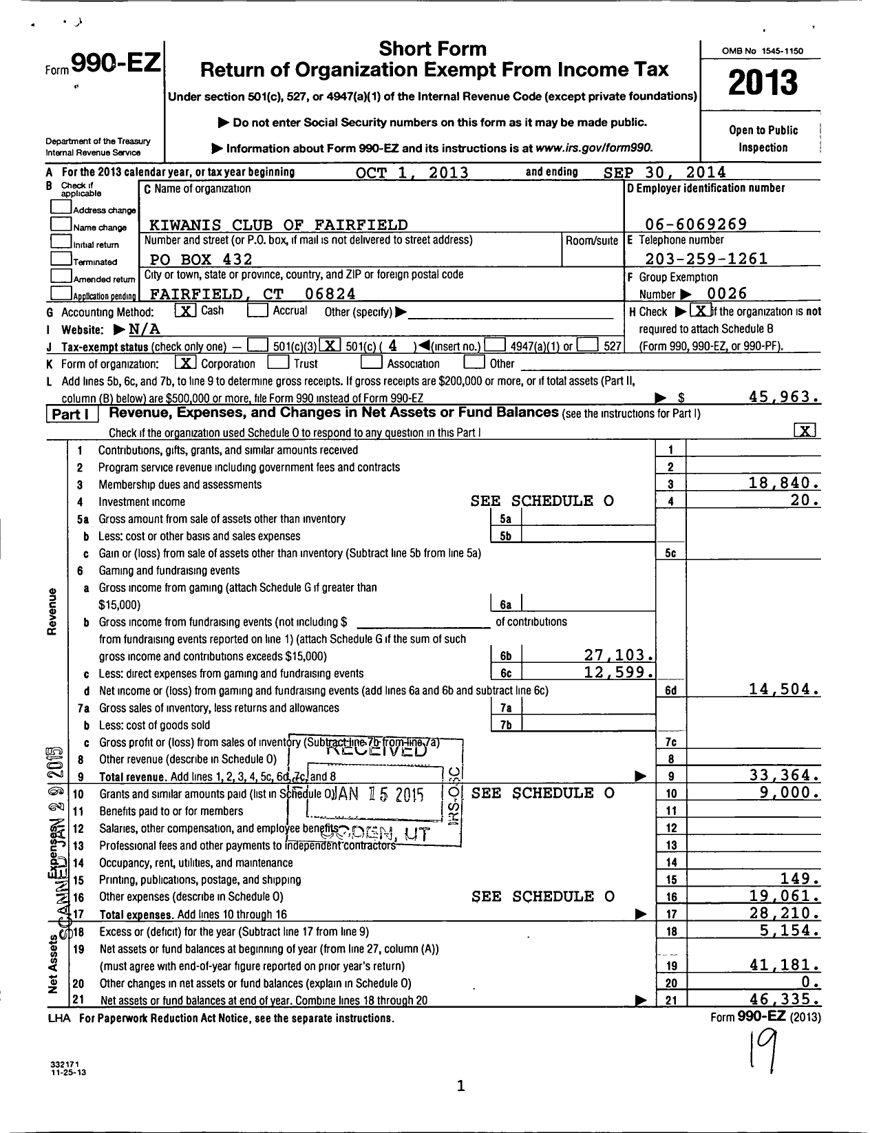 Image of first page of 2013 Form 990EO for Kiwanis International - K05381 Fairfield