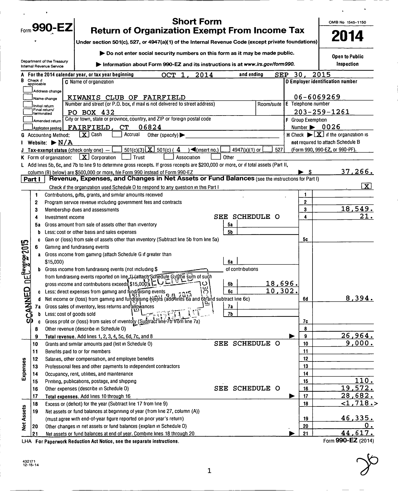 Image of first page of 2014 Form 990EO for Kiwanis International - K05381 Fairfield
