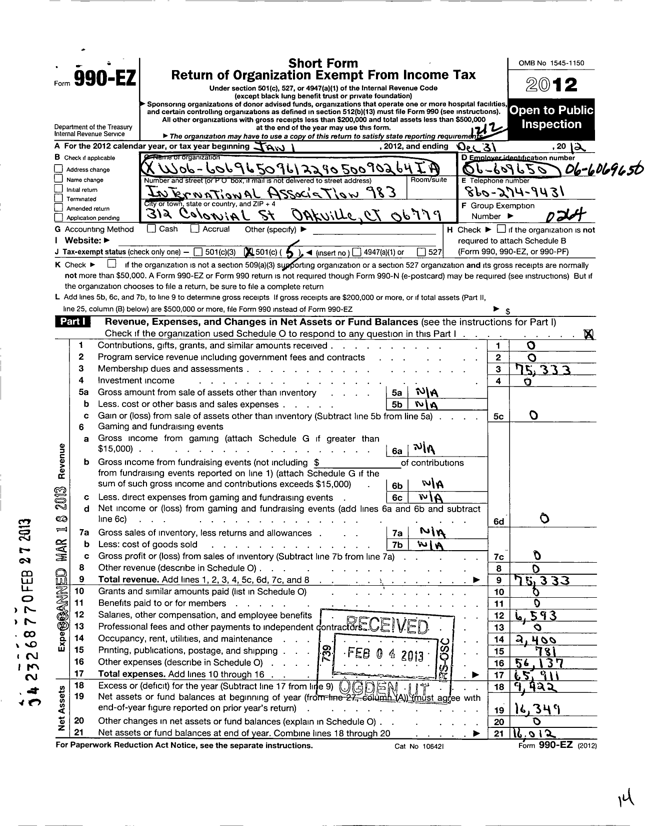 Image of first page of 2012 Form 990EO for International Association of Machinists and Aerospace Workers - 983