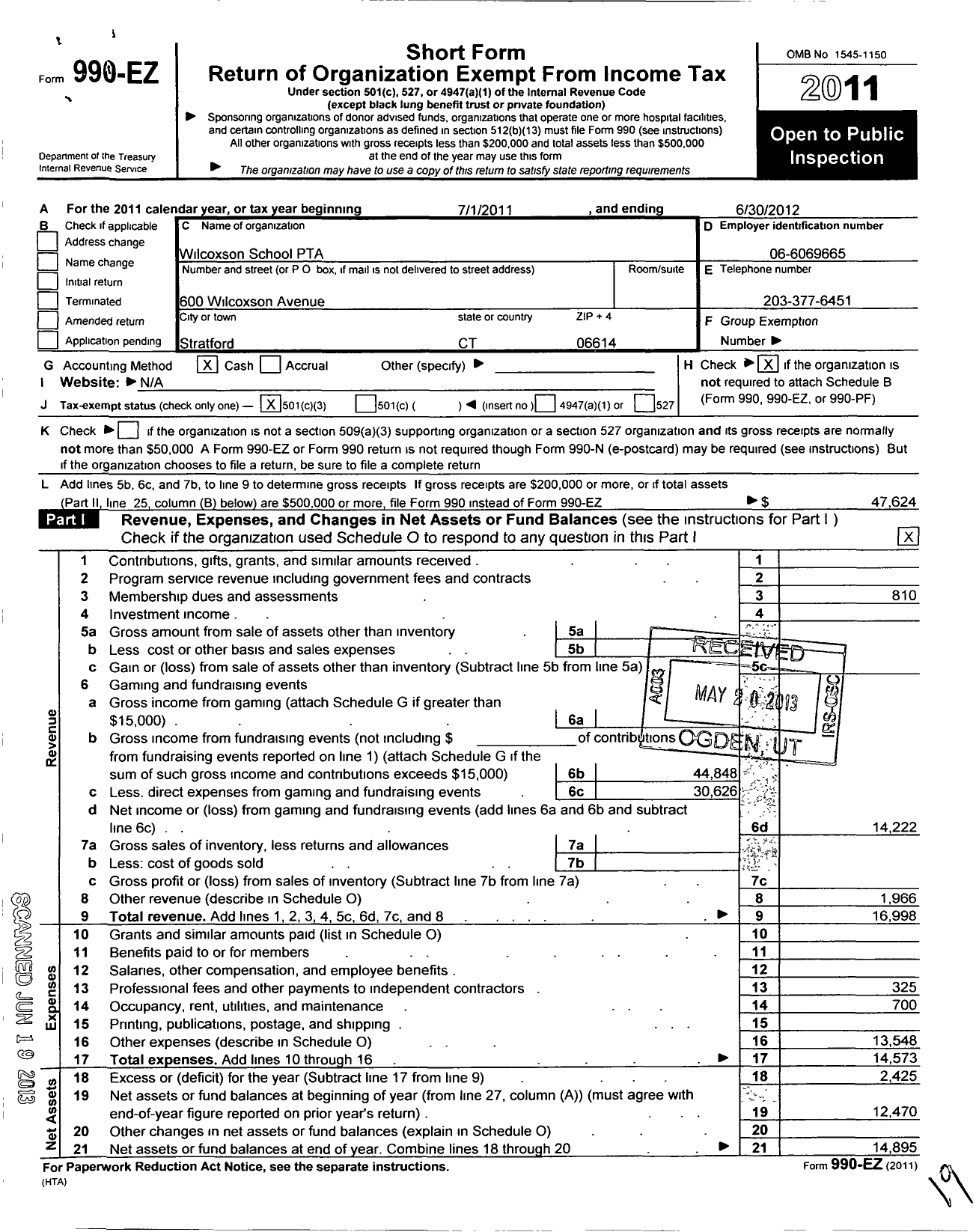 Image of first page of 2011 Form 990EZ for CT PTA - Wilcoxson PTA