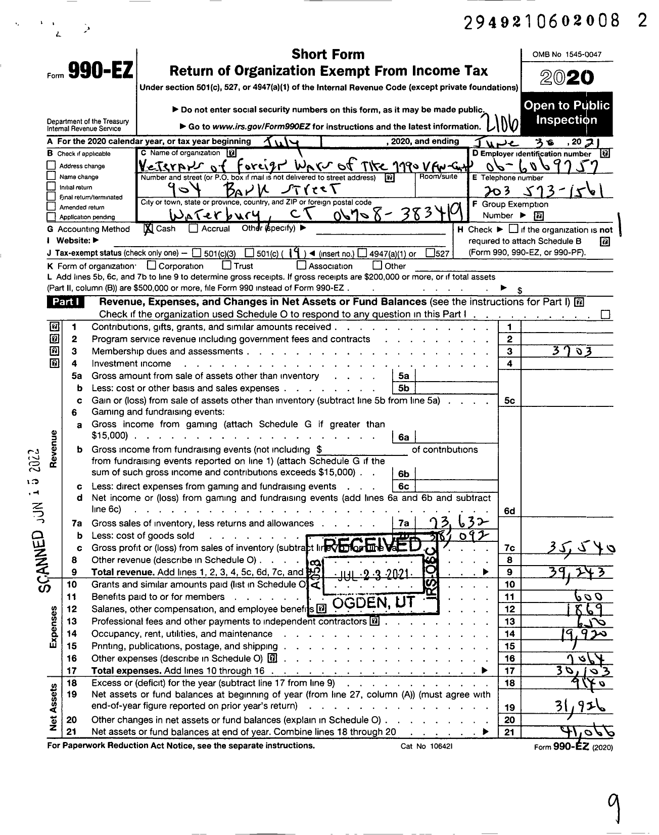 Image of first page of 2020 Form 990EO for VFW Department of Connecticut - Brooklyn Valley VFW 7790