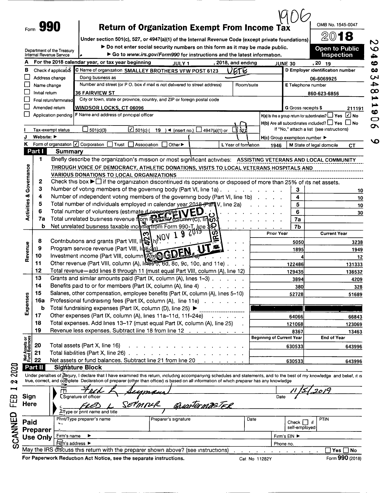 Image of first page of 2018 Form 990O for VFW Department of Connecticut - 6123 Vfw-Conn