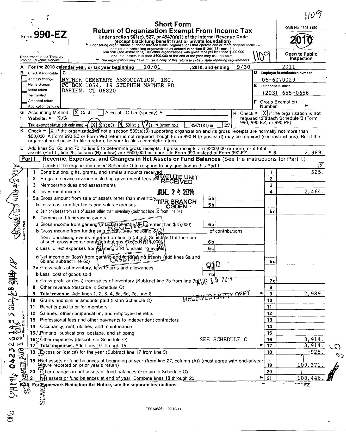 Image of first page of 2010 Form 990EO for Mather Cementary Association