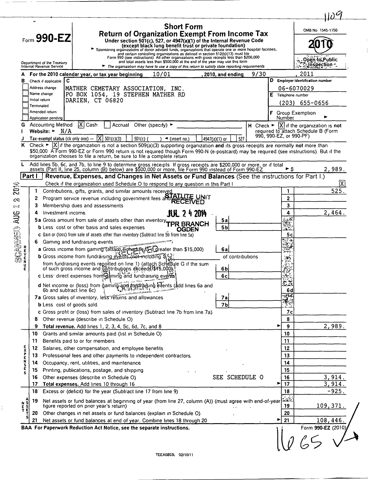 Image of first page of 2010 Form 990EZ for Mather Cementary Association