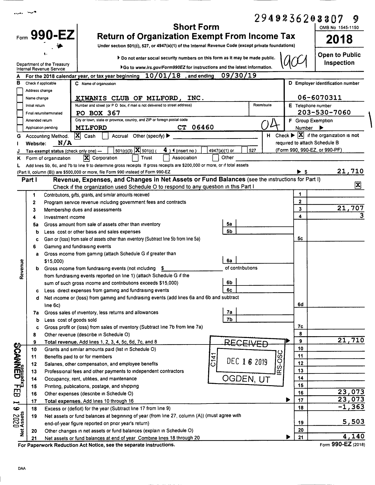 Image of first page of 2018 Form 990EO for Kiwanis International - K03486 Milford