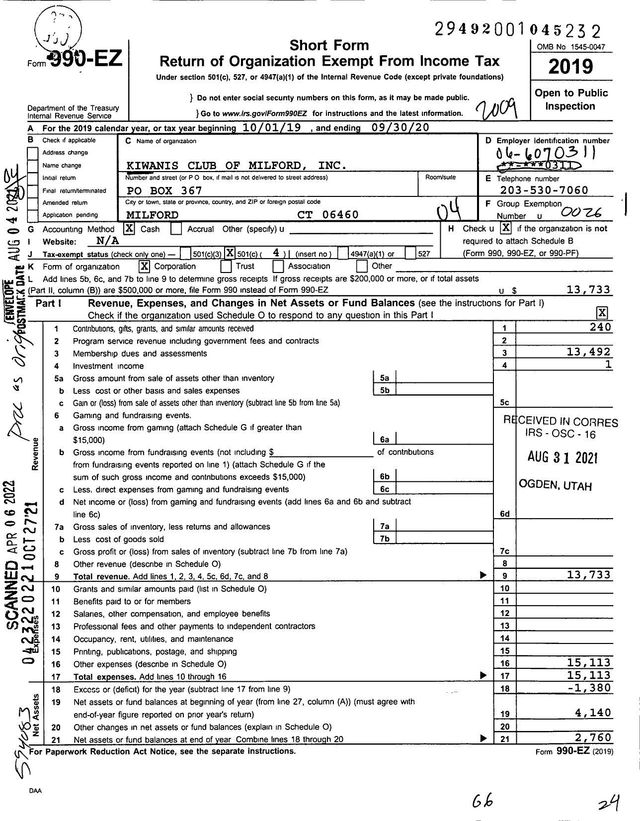 Image of first page of 2019 Form 990EO for Kiwanis International - K03486 Milford