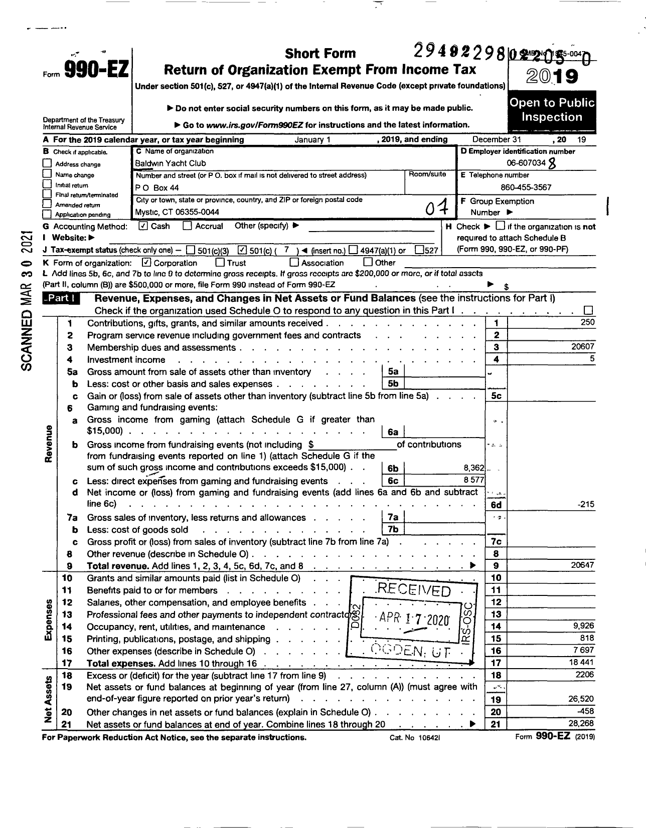 Image of first page of 2019 Form 990EO for Baldwin Yacht Club