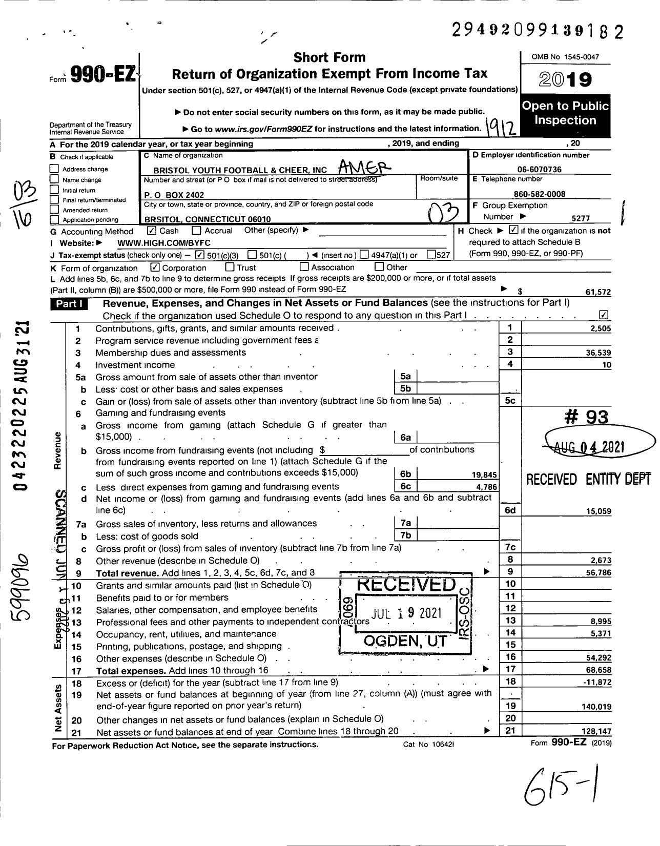 Image of first page of 2019 Form 990EZ for American Youth Football - Bristol Midget Football