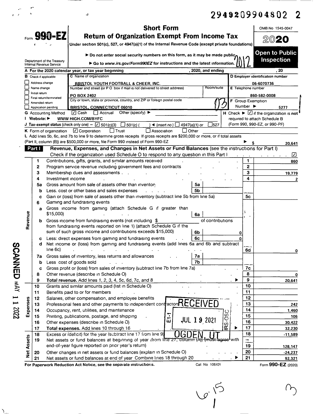 Image of first page of 2020 Form 990EZ for American Youth Football - Bristol Midget Football