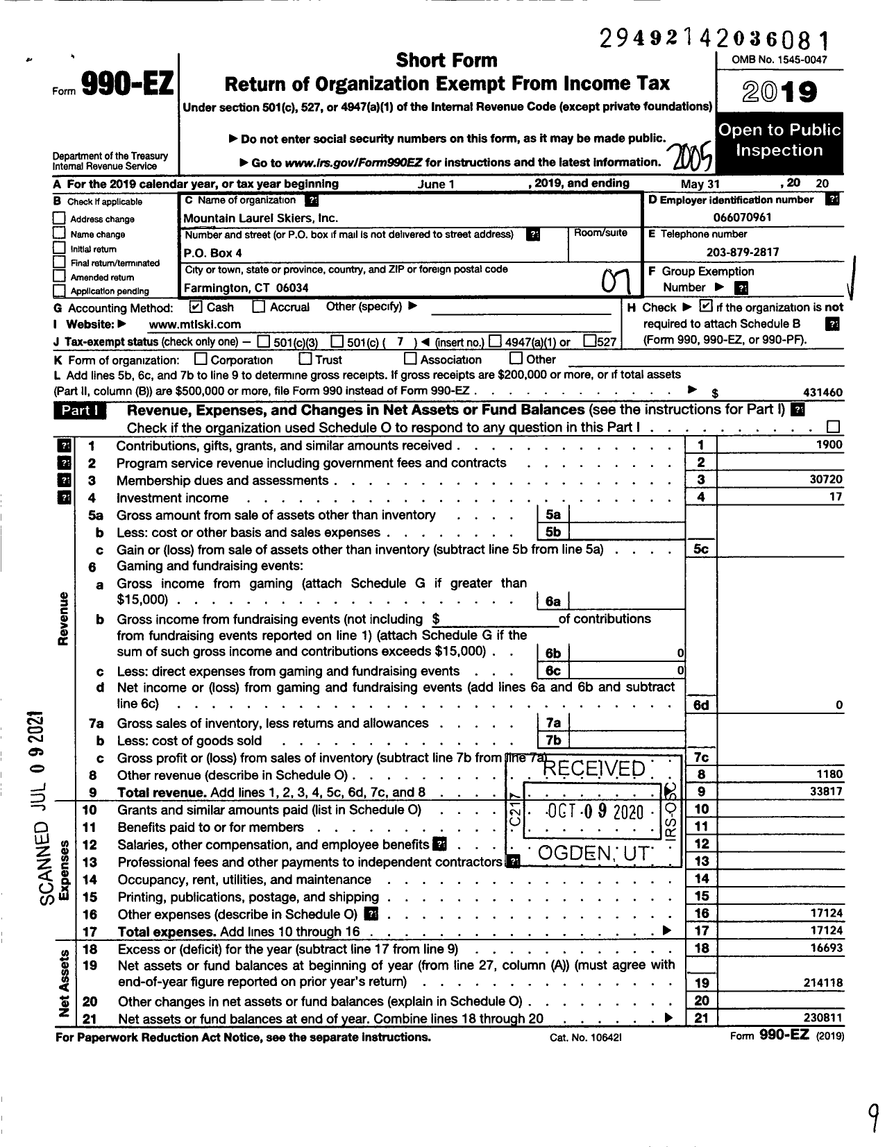 Image of first page of 2019 Form 990EO for Mountain Laurel Skiers Incorporated