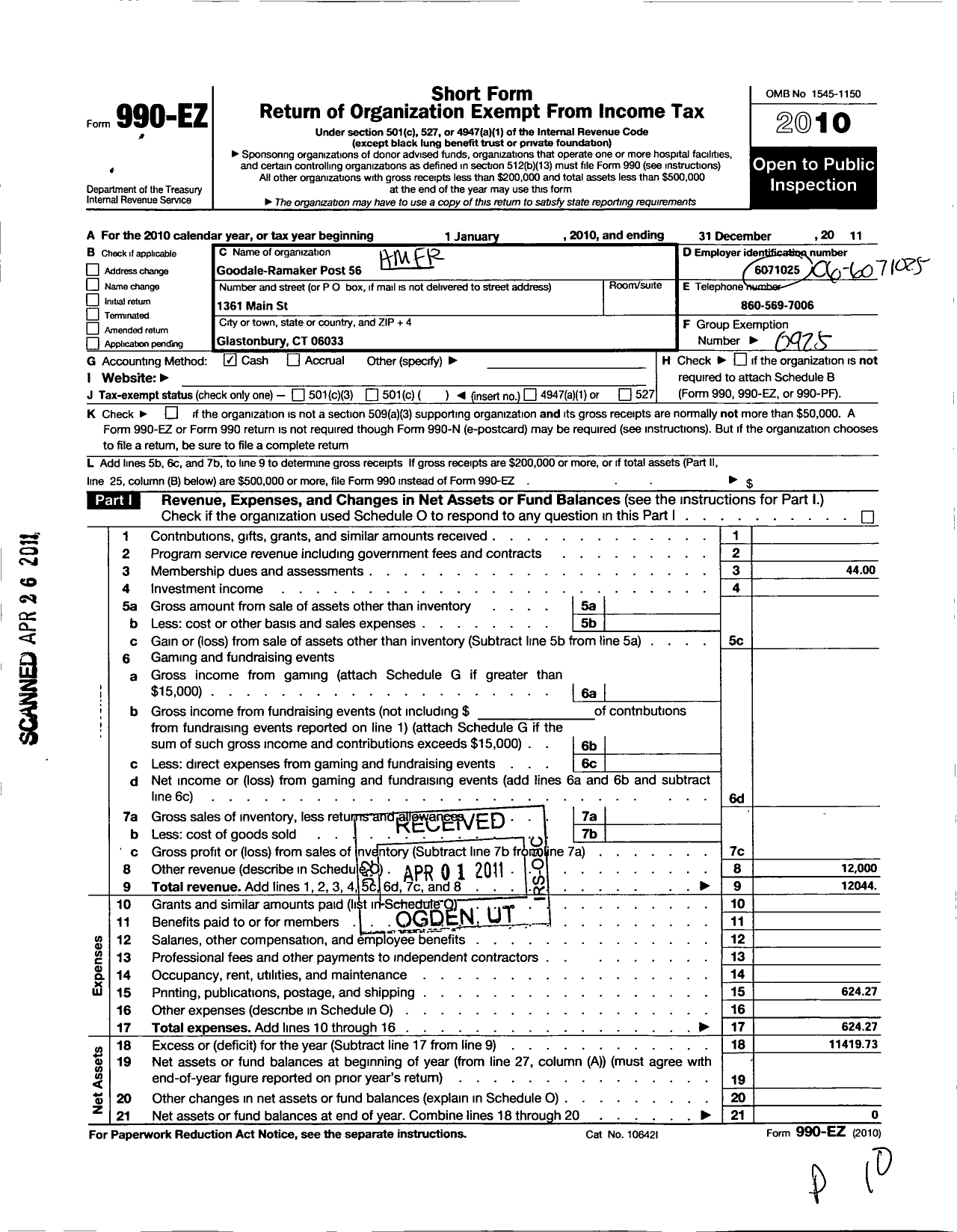 Image of first page of 2011 Form 990EO for American Legion - 56 Goodale Ramaker