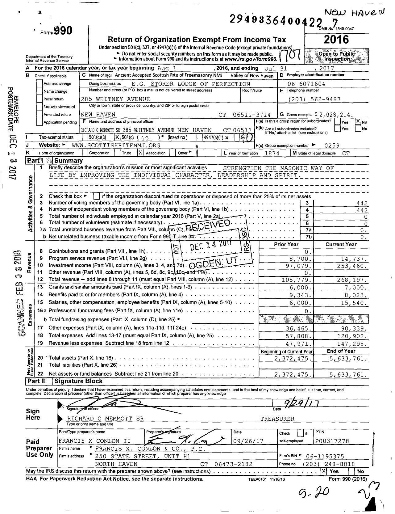 Image of first page of 2016 Form 990O for Scottish Rite, NMJ - Eg Storer Valley of New Haven