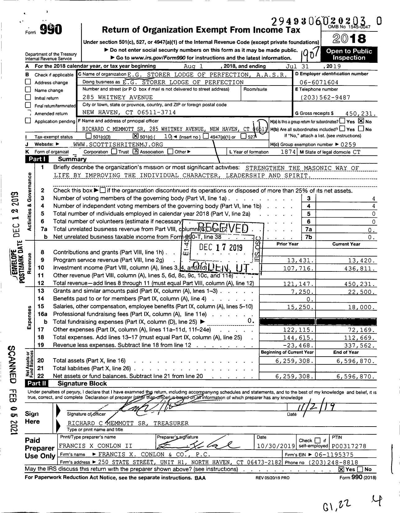 Image of first page of 2018 Form 990O for Scottish Rite, NMJ - Eg Storer Valley of New Haven