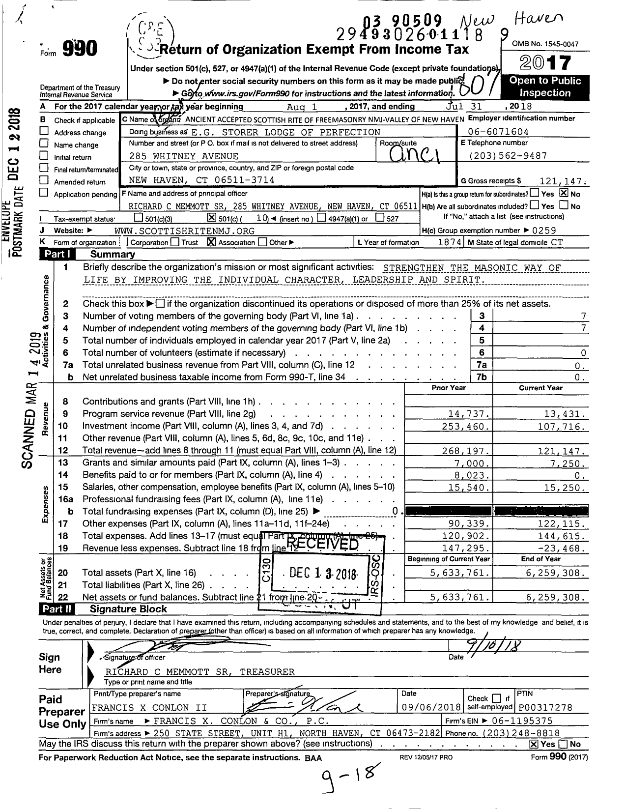 Image of first page of 2017 Form 990O for Scottish Rite, NMJ - Eg Storer Valley of New Haven